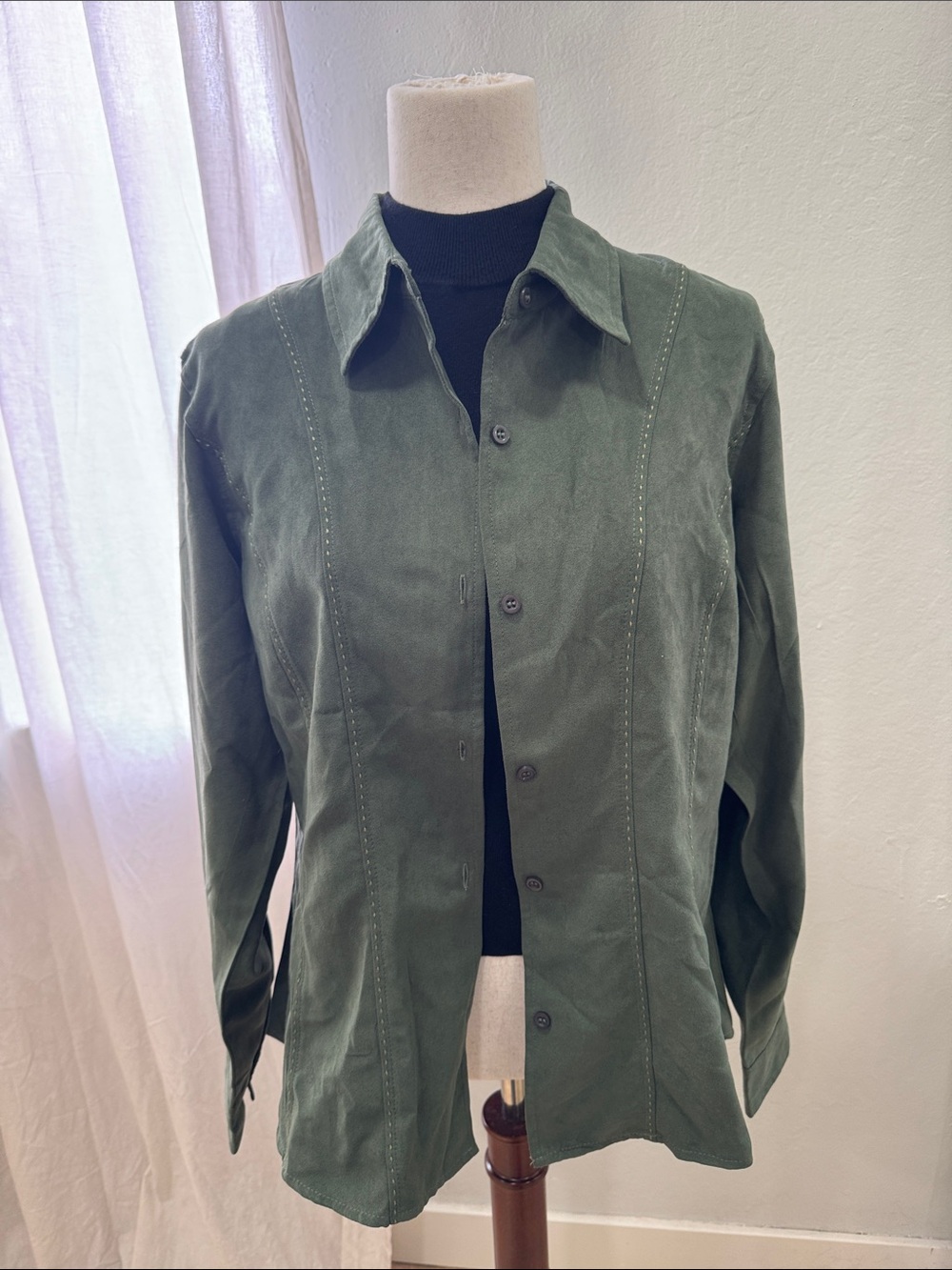 Vintage Faux Suede Olive Green Button-up